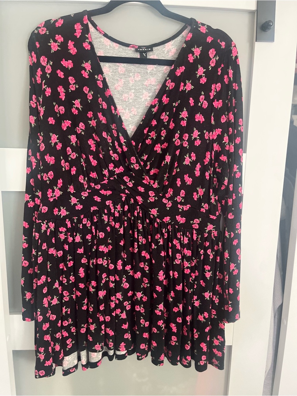 torrid Black Long Sleeve Tunic Top with Pink Floral Print